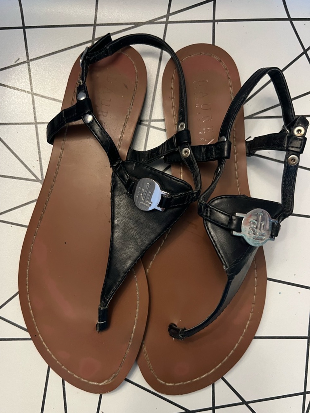 Ralph Lauren Black Leather Thong Sandals 7.5